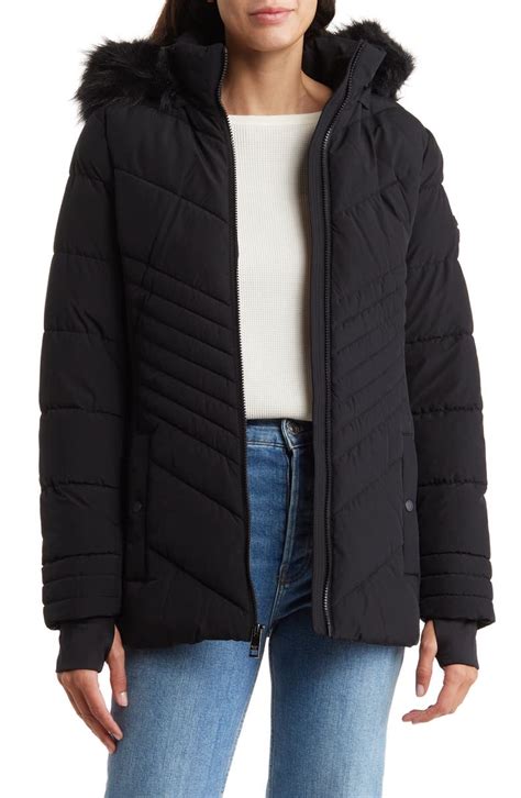 michael kors water resistant faux fur trim hooded puffer jacket